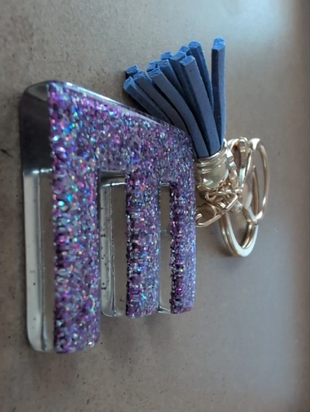 Initial 'E' Glitter Letter Keychain with Tassel